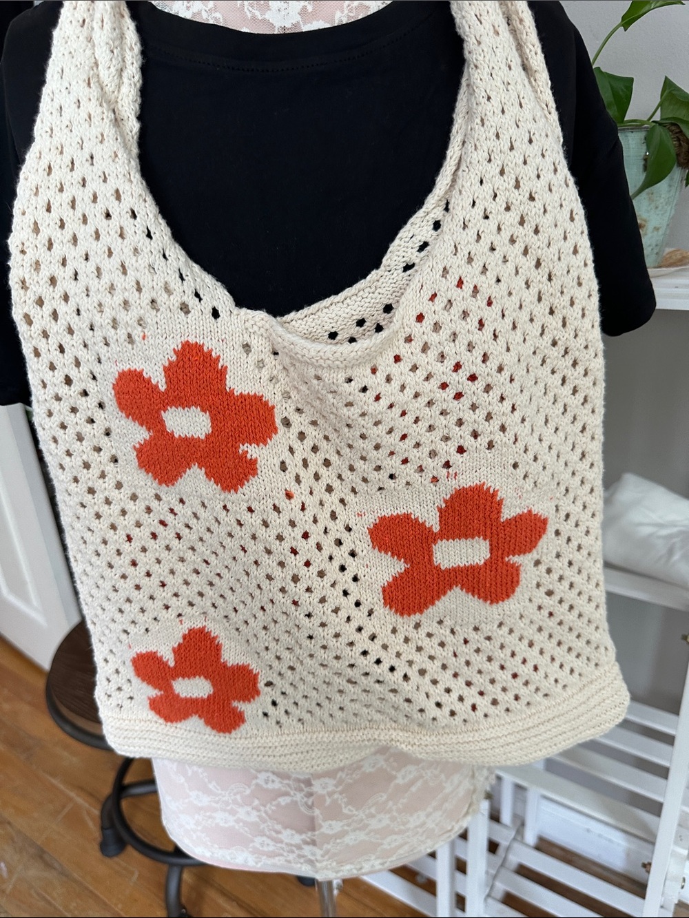 Cream Crochet Floral Tote Bag with Orange Flowers